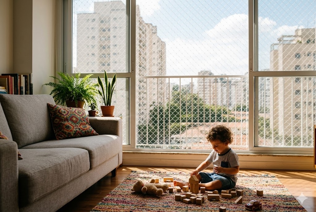 Criança brinca no chão perto de janela com rede de proteção