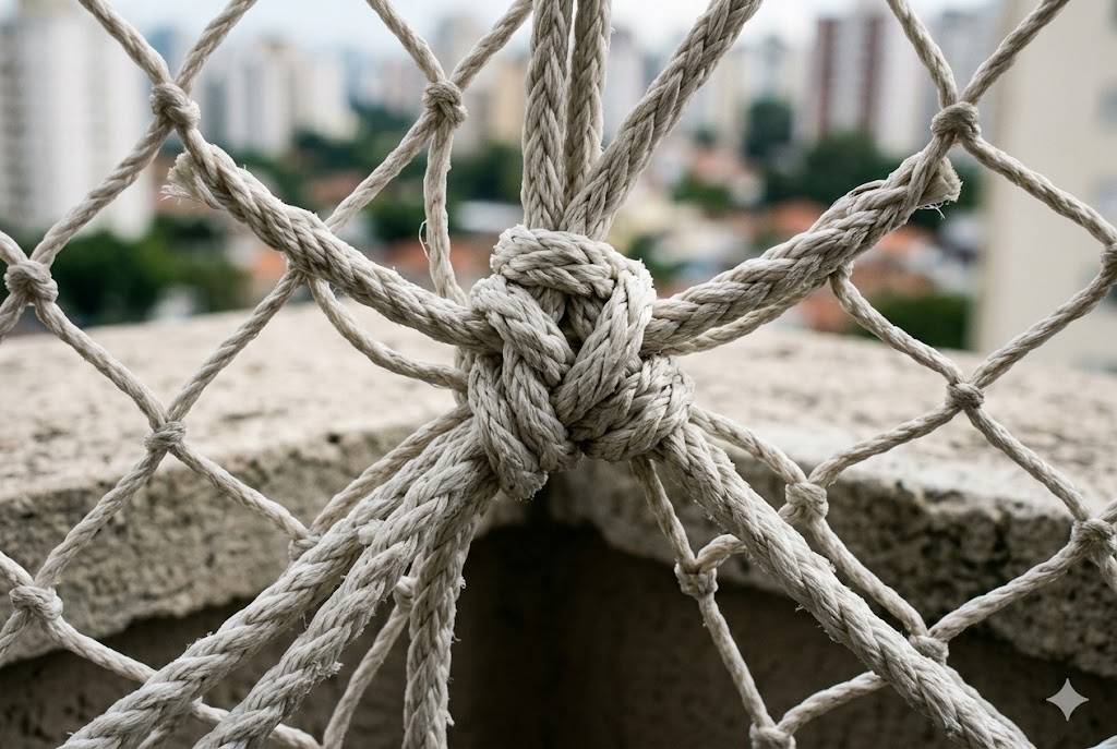 Close nos nós reforçados e textura da rede de proteção.