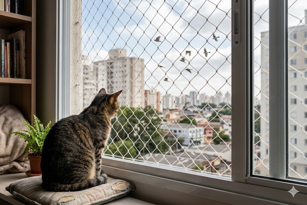 Gato observa pássaros através de rede de proteção.