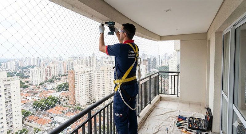 Técnico da Redes de Proteção SP instalando ganchos galvanizados em uma janela com furadeira, demonstrando segurança.