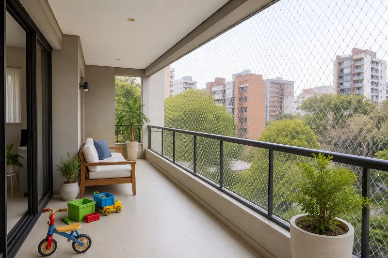 Rede de proteção para terraço de apartamento com área segura para crianças